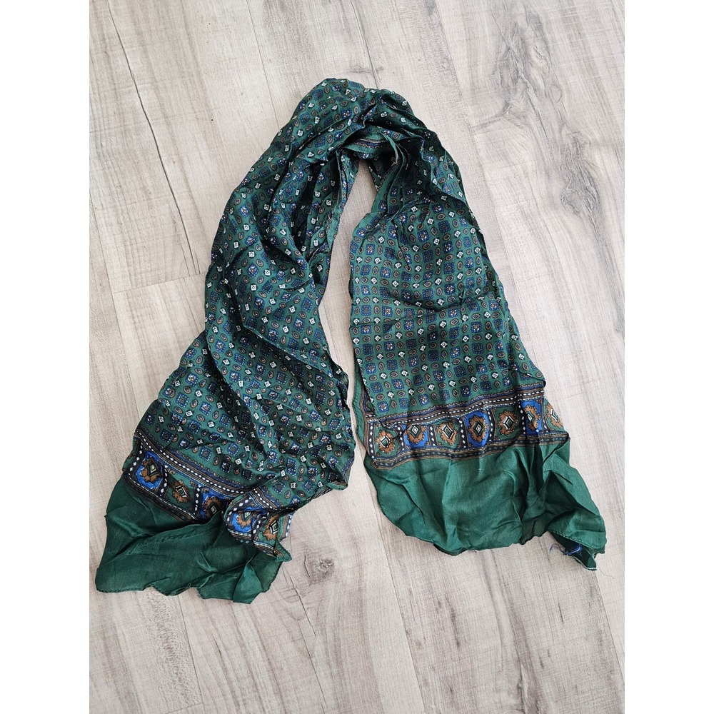Vintage Green Silk Scarf Geometric Medallion Print Rectangular Wrap